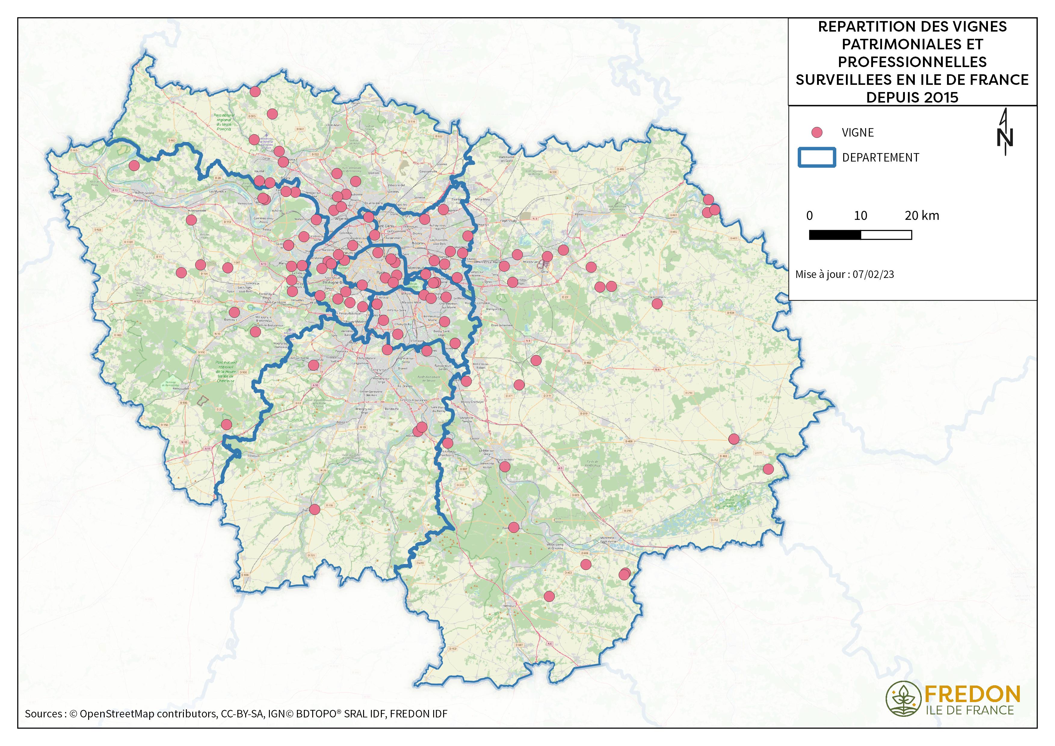 Carte de répartition des vignes patrimoniales et professionnelles surveillées en Île-de-France depuis 2015
