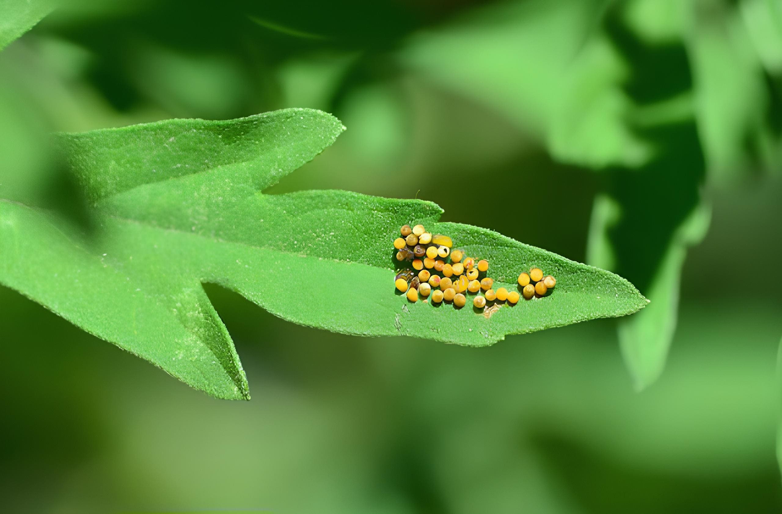 Œufs de Ophraella communa (chrysomèle de l'ambroisie). Crédits : Alamy Banque D'Images 